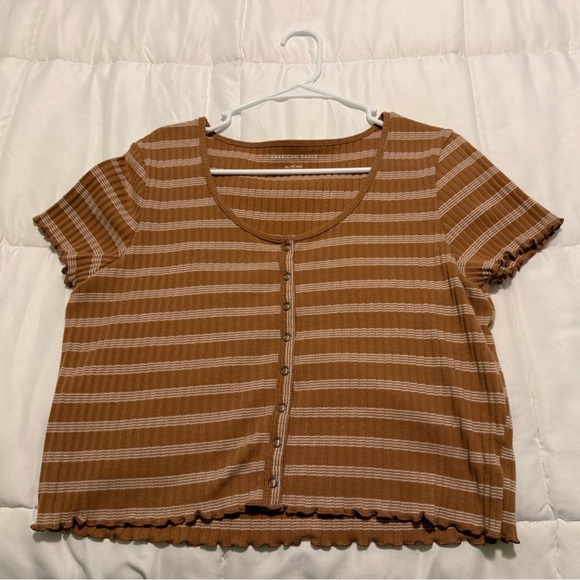 American Eagle Outfitters Tops - American Eagle Outfitters Brown and Cream Striped Button-Front Crop Tee